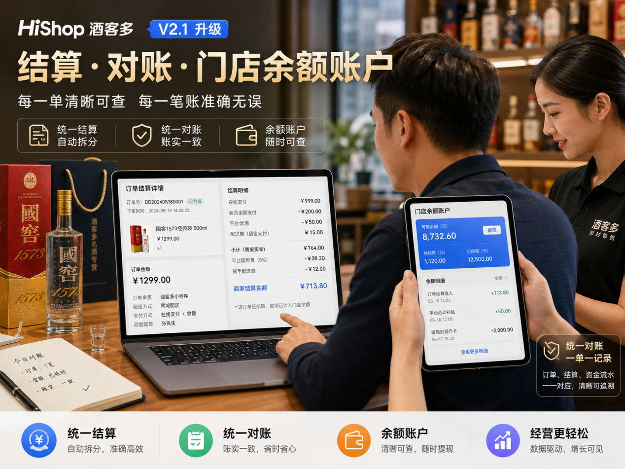 【重磅更新】HiShop酒客多即时零售V2.1版本:配送、结算和权限再度升级